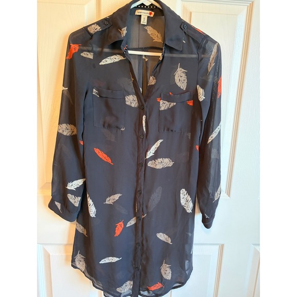 Old Navy Dresses & Skirts - Old Navy Studio Spotlight Feather Print Shirt Dress Navy Blue Orange Womens XS